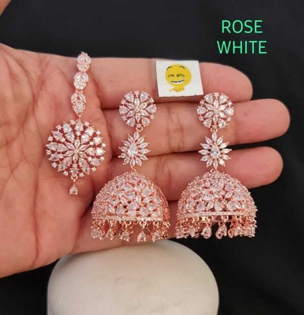 ROSEGOLD WHITE DIAMOND AD JHUMKI WITH TIKKA