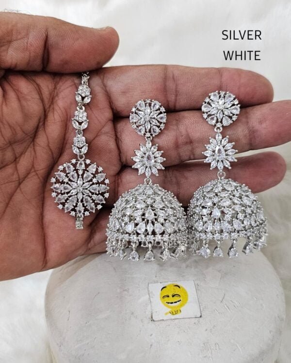 SILVER DIAMOND AD WHITE JHUMKI WITH TIKA